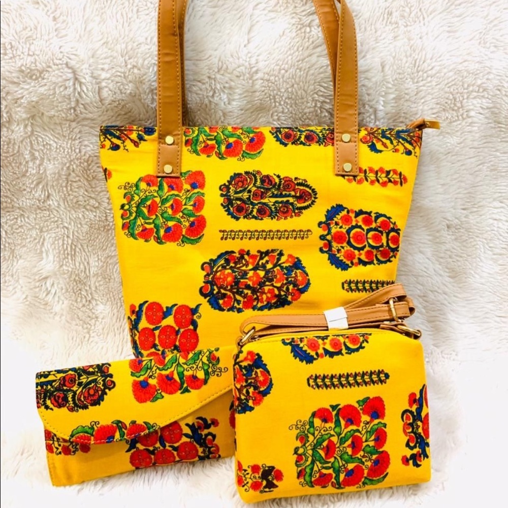 Yellow fabric purse three pieces